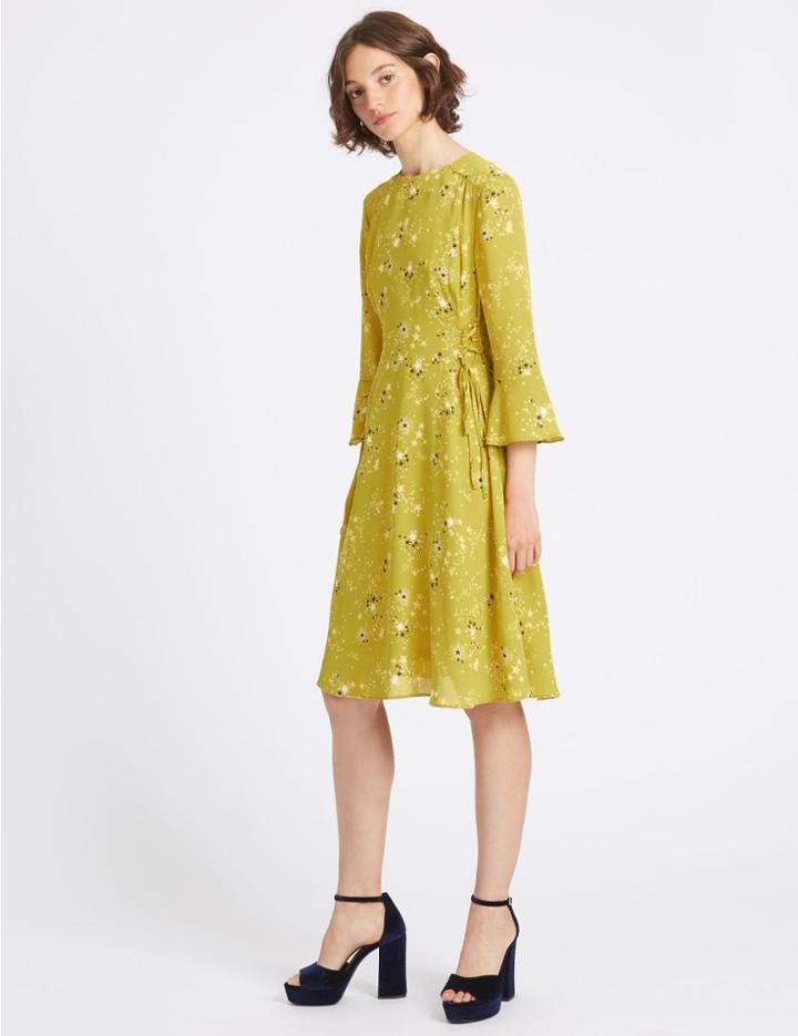 Marks & Spencer Printed Tie Side Flared Sleeve Midi Dress Golden Glaze