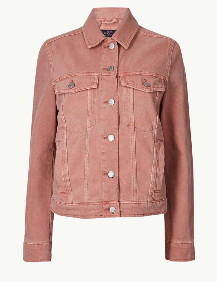 Marks & Spencer Pure Cotton Button Detailed Denim Jacket Pale Pink