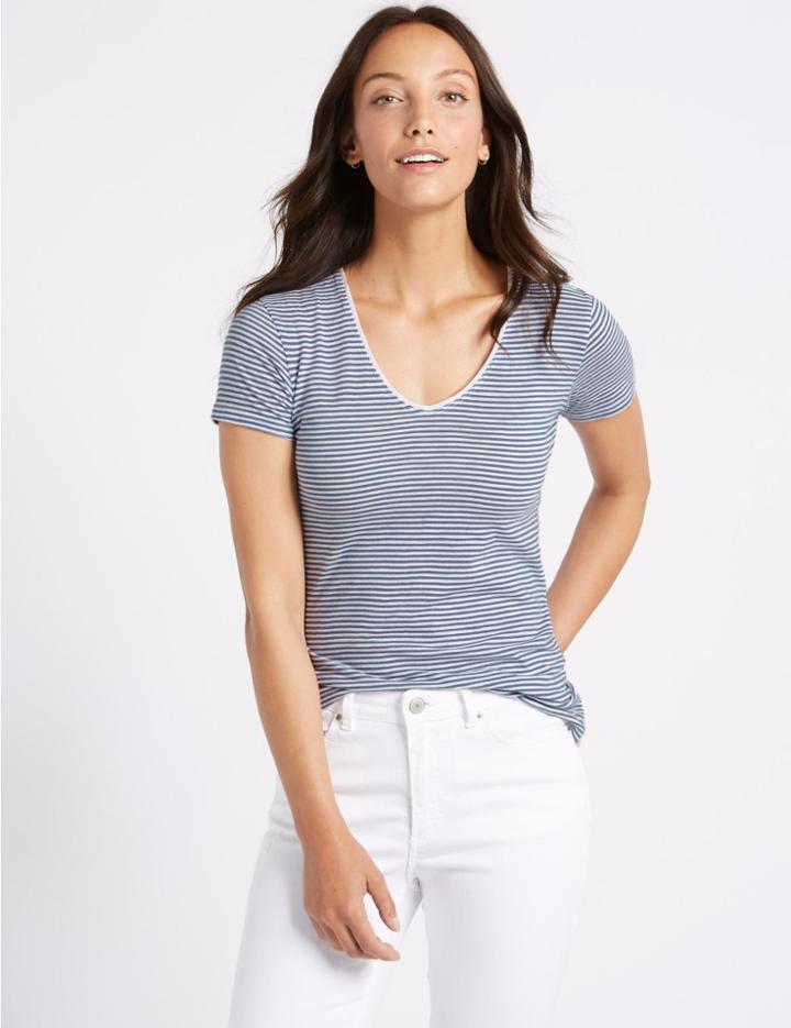 Marks & Spencer Pure Cotton Striped Lightweight T-shirt Blue Mix