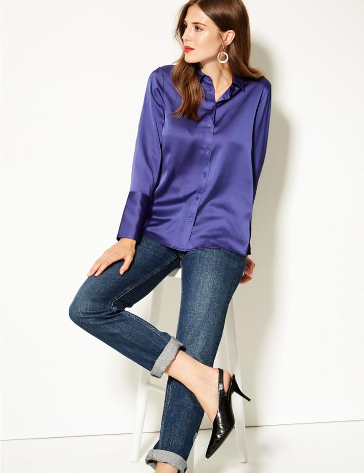 Marks & Spencer Satin Long Sleeve Shirt Bright Blue