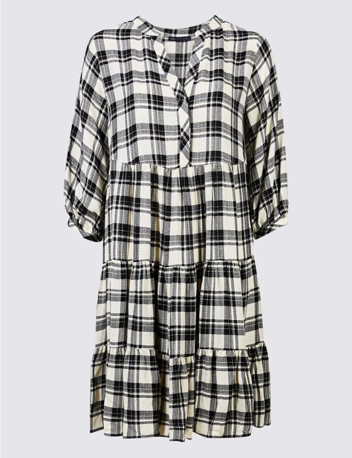 Marks & Spencer Checked Half Sleeve Skater Dress Black Mix