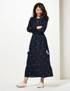 Marks & Spencer Pure Cotton Embroidered Midi Waisted Dress Navy Mix