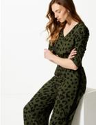 Marks & Spencer Animal Print Short Sleeve Jumpsuit Khaki Mix