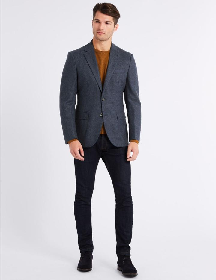 Marks & Spencer Pure Lambswool Textured Regular Fit Jacket Dark Airforce