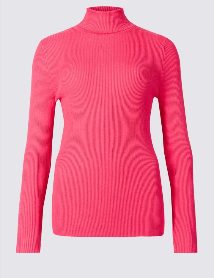 Marks & Spencer Ribbed Polo Neck Jumper Very Pink