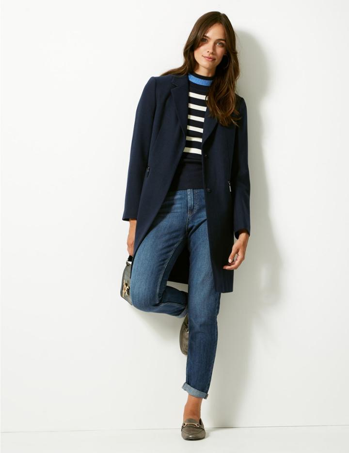 Marks & Spencer Wool Blend Single Breasted Coat Navy