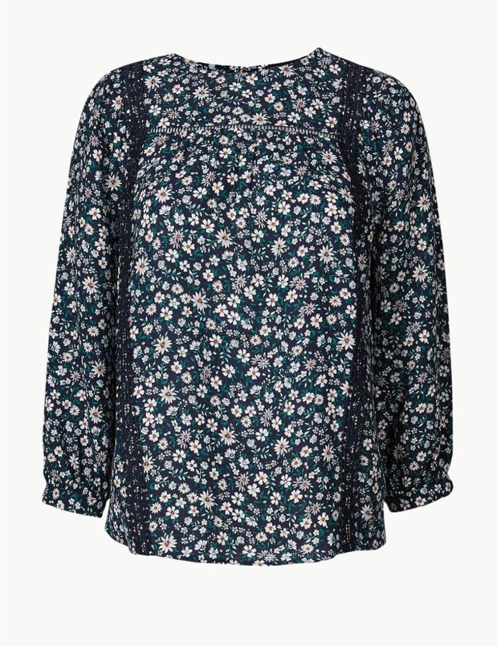 Marks & Spencer Floral Print Round Neck Long Sleeve Blouse Navy Mix