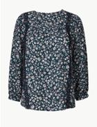 Marks & Spencer Floral Print Round Neck Long Sleeve Blouse Navy Mix