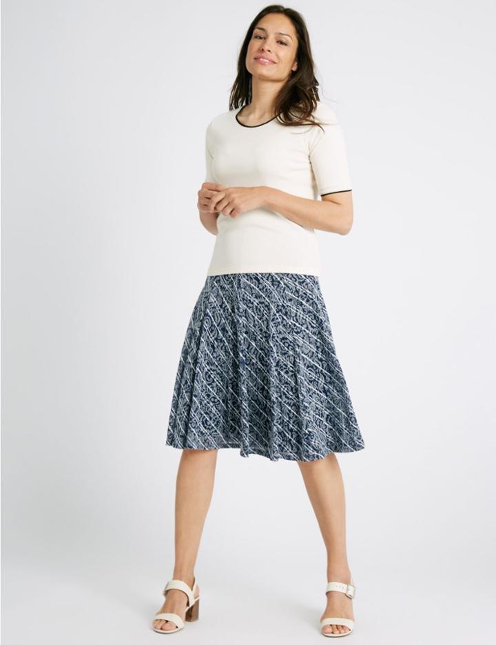 Marks & Spencer Cotton Blend Burnout A-line Midi Skirt Navy Stripe