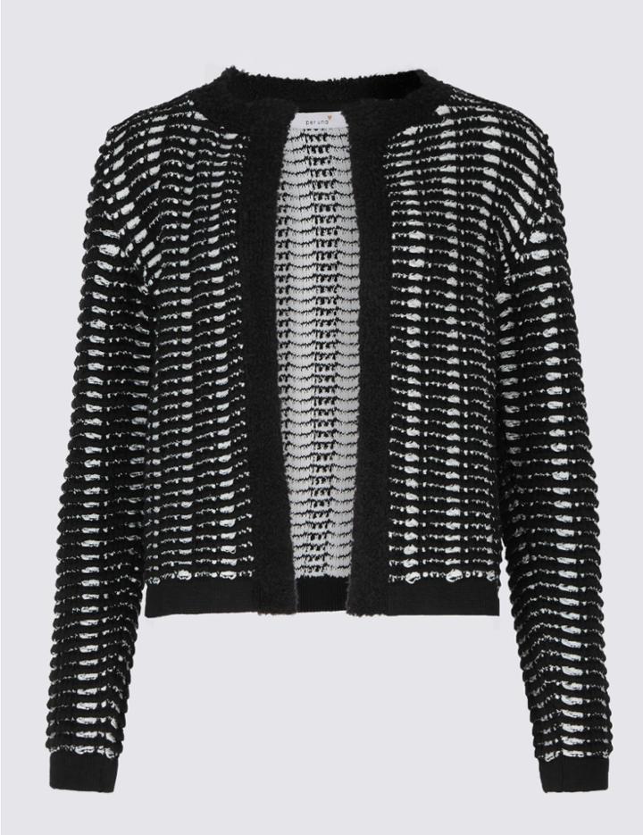 Marks & Spencer Textured Round Neck Open Front Cardigan Black Mix