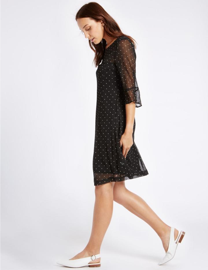 Marks & Spencer Spotted Flare Sleeve Tunic Midi Dress Black Mix