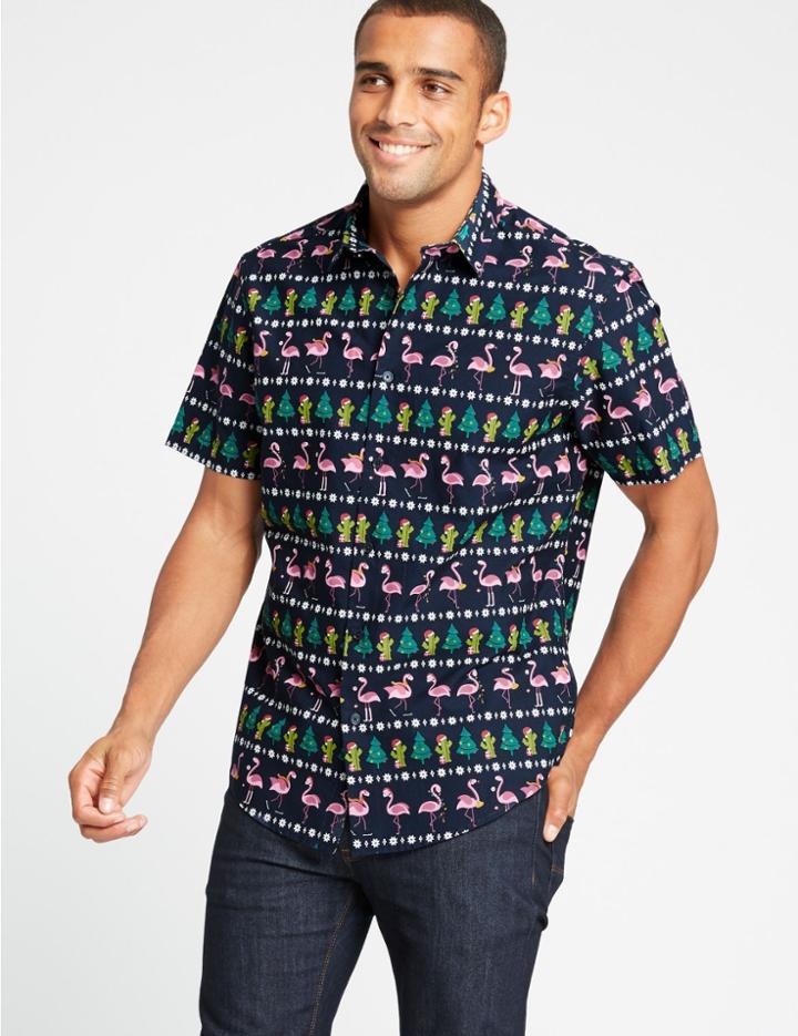 Marks & Spencer Pure Cotton Flamingo Christmas Shirt Navy Mix