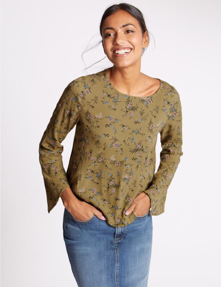 Marks & Spencer Floral Print Long Sleeve Blouse Khaki Mix