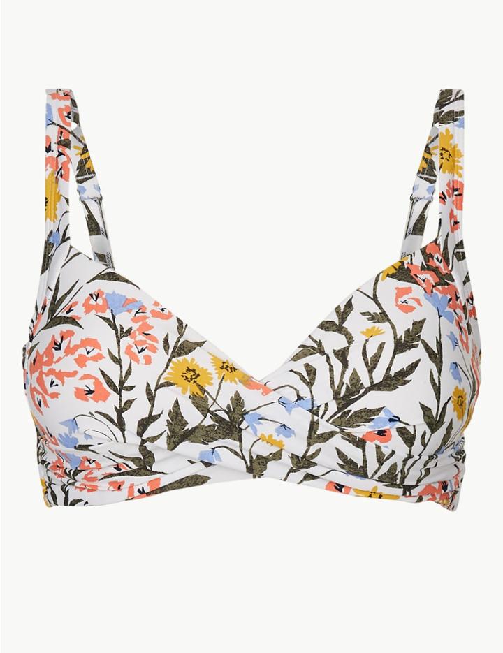 Marks & Spencer Floral Print Padded Plunge Bikini Top White Mix