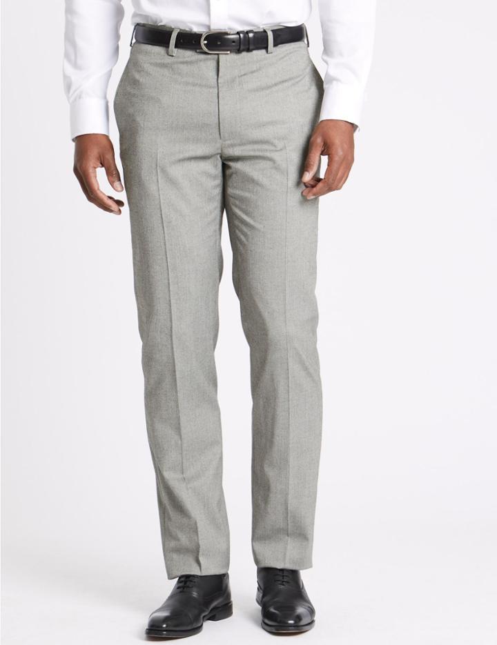 Marks & Spencer Regular Fit Herringbone Flat Front Trousers Grey