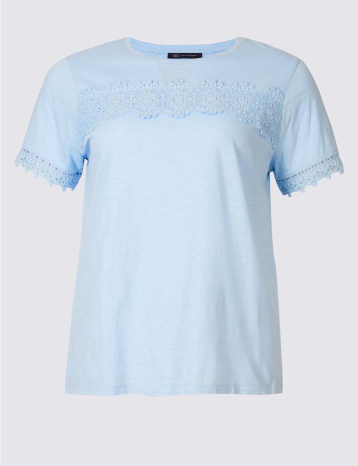 Marks & Spencer Plus Pure Cotton Short Sleeve Lace T-shirt Cornflower
