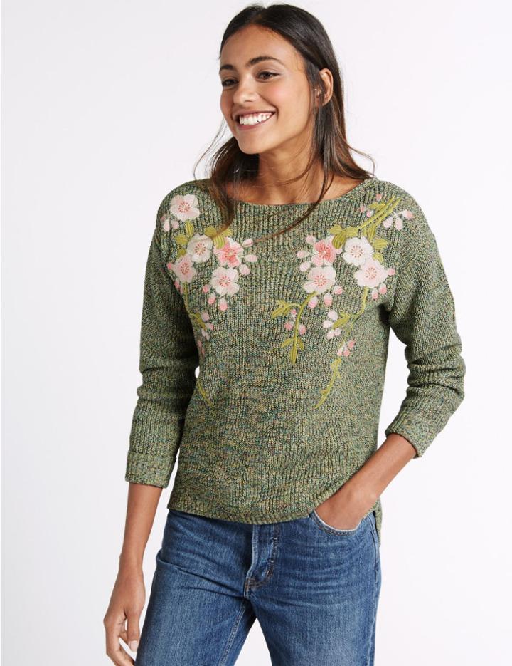 Marks & Spencer Pure Cotton Embroidered Slash Neck Jumper Green Mix
