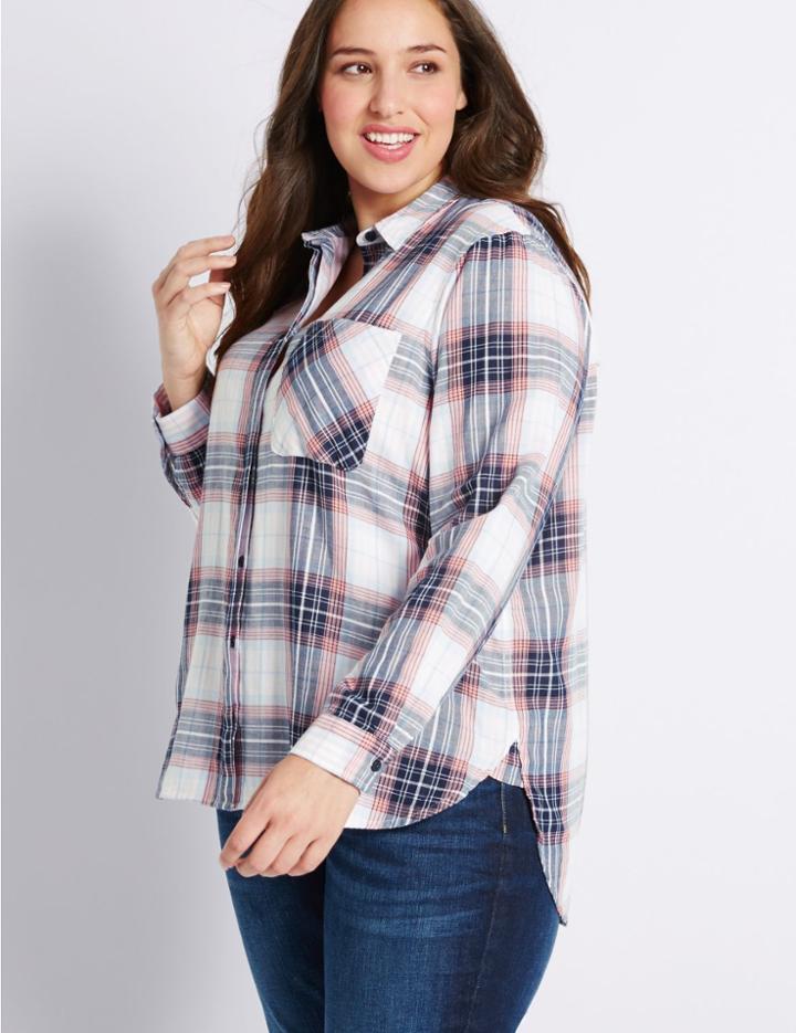 Marks & Spencer Plus Checked Double Cloth Shirt Coral Mix