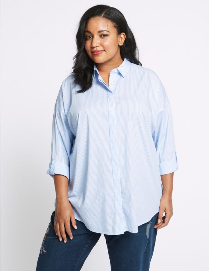 Marks & Spencer Curve Cotton Rich Striped Long Sleeve Shirt Pale Blue