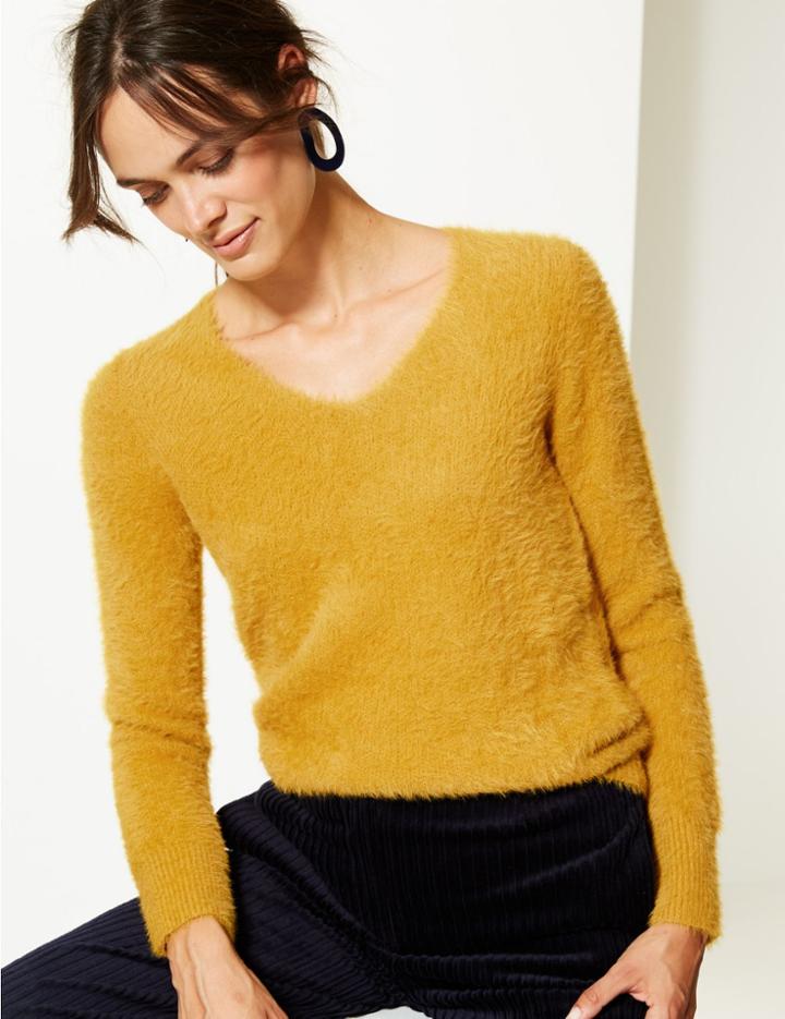 Marks & Spencer Faux Fur Yarn V-neck Jumper Ochre