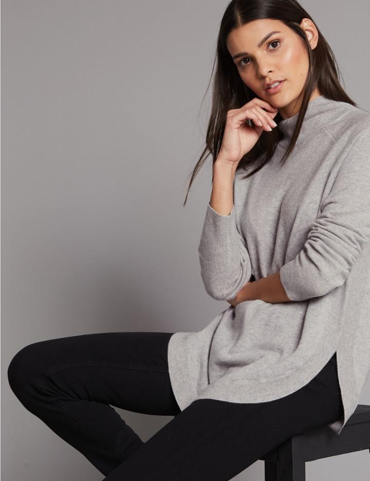 Marks & Spencer Pure Cashmere Curved Hem Funnel Neck Jumper Silver Grey