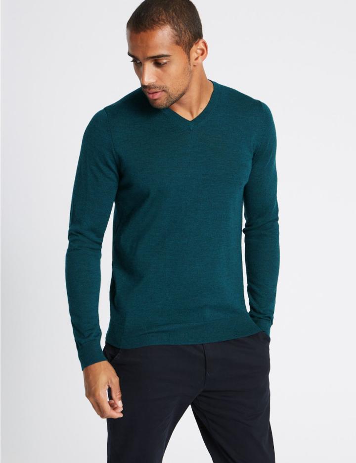 Marks & Spencer Pure Merino Wool V-neck Jumper Dark Teal
