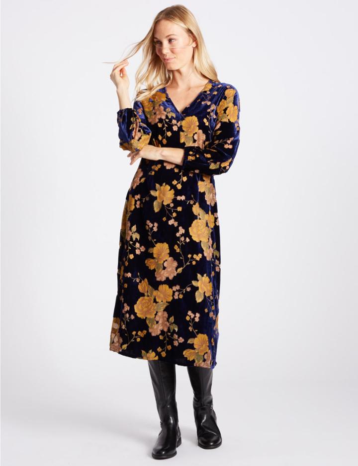 Marks & Spencer Velvet Floral Print Skater Midi Dress Dark Navy Mix