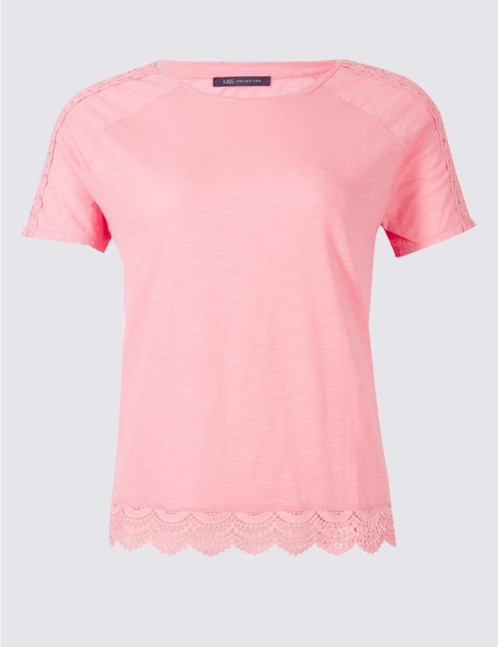 Marks & Spencer Plus Pure Cotton Lace Trim T-shirt Pink