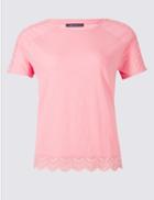 Marks & Spencer Plus Pure Cotton Lace Trim T-shirt Pink