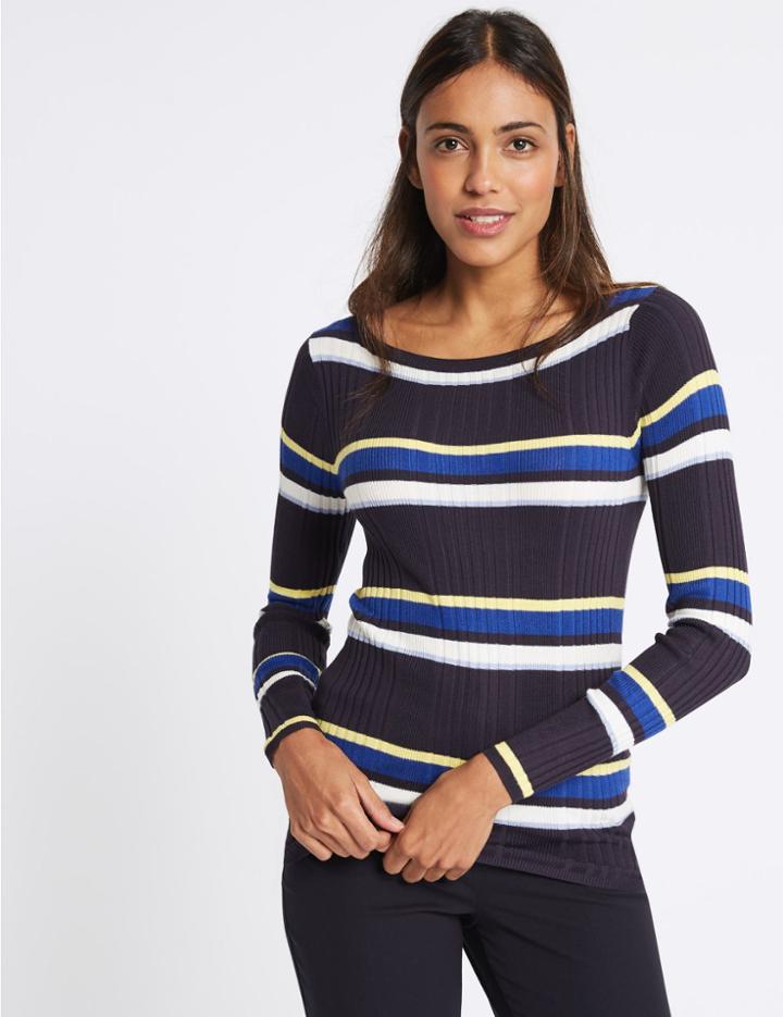 Marks & Spencer Stripe Ribbed Jumper Navy Mix