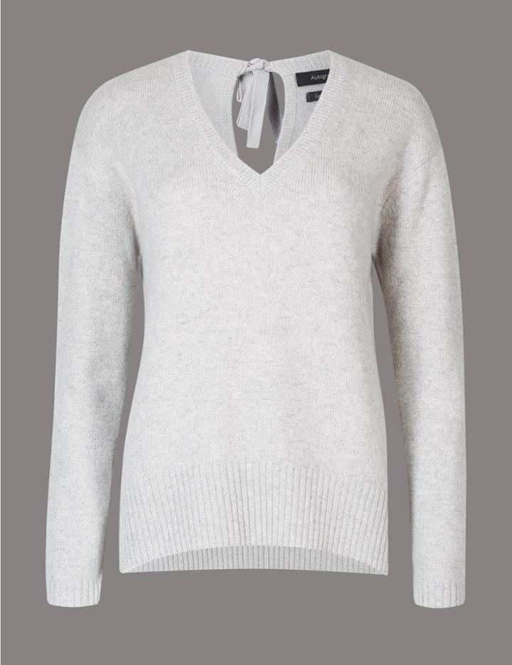 Marks & Spencer Pure Cashmere Bow Back V-neck Jumper Grey Mix