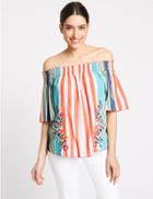 Marks & Spencer Pure Cotton Embroidered Stripe Bardot Top White Mix