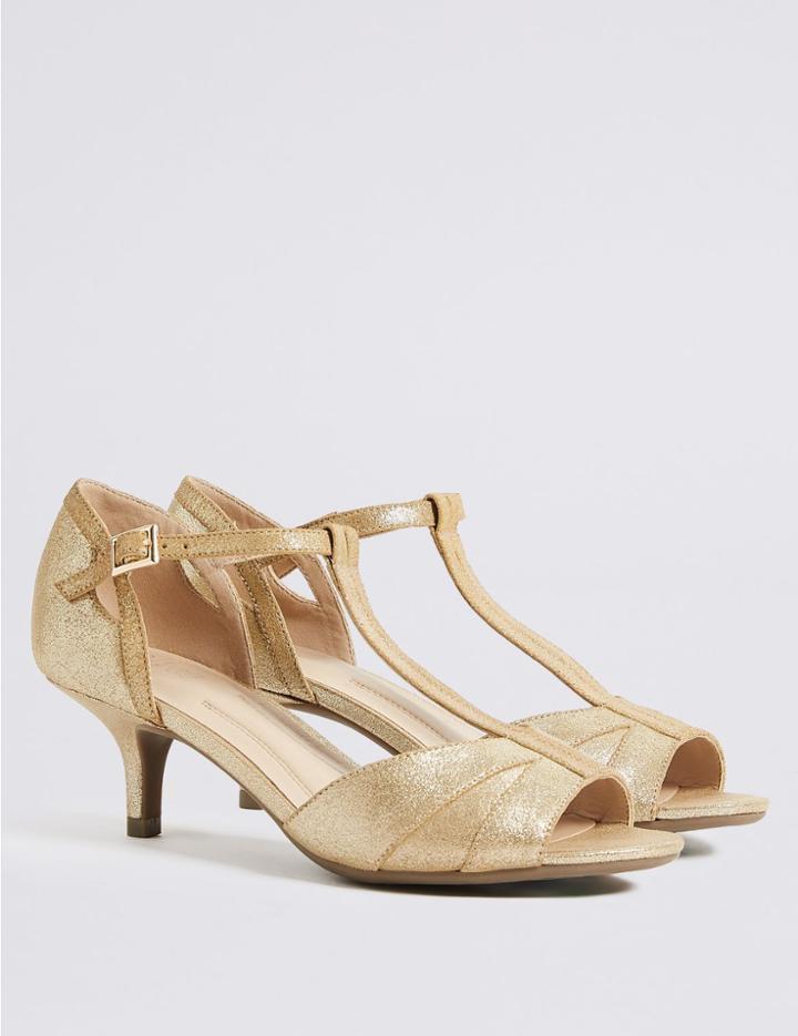Marks & Spencer Wide Fit Suede Kitten Heel Buckle Sandals Metallic