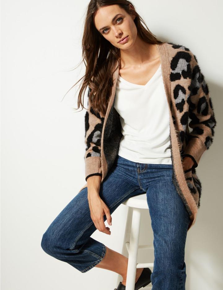 Marks & Spencer Animal Print Longline Cardigan Oatmeal Mix