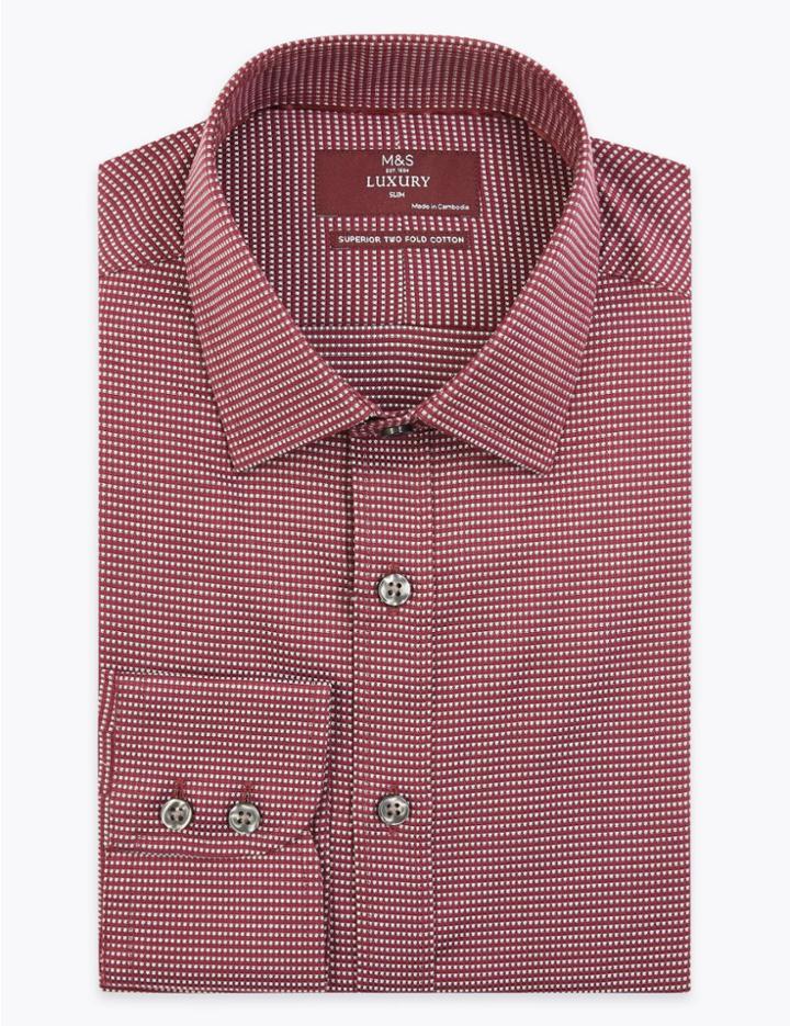 Marks & Spencer 2in Shorter Slim Fit Easy To Iron Shirt Burgundy Mix