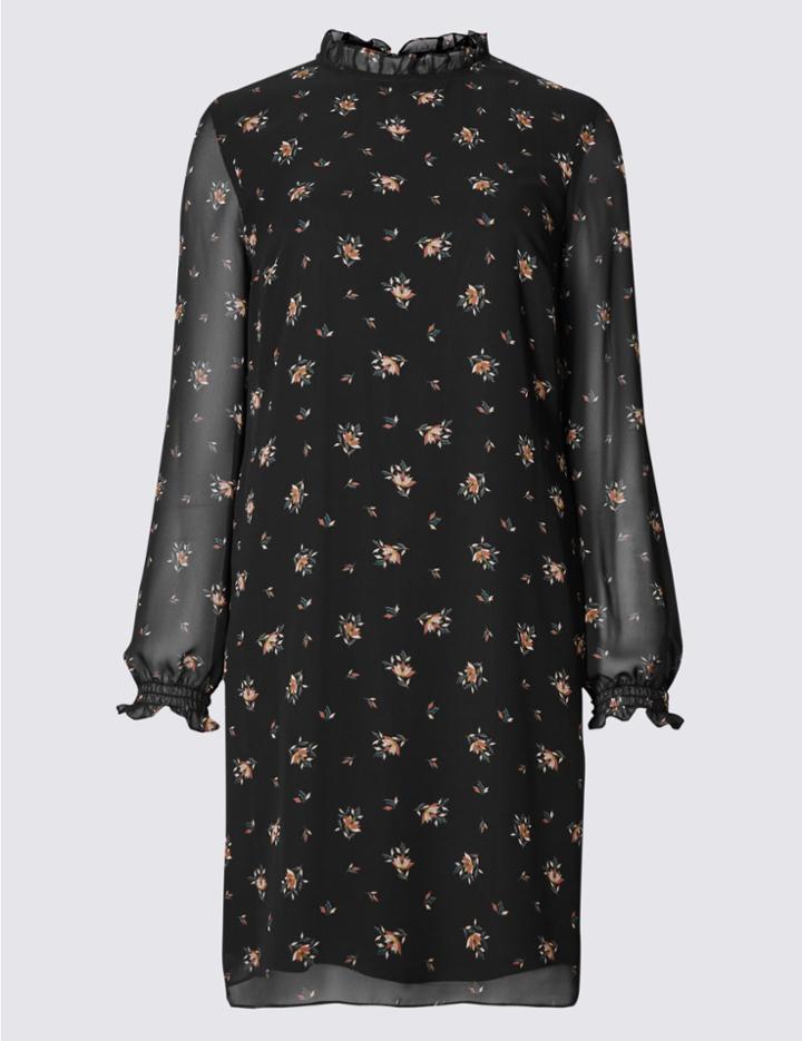 Marks & Spencer Ditsy Print Long Sleeve Shift Dress Black Mix