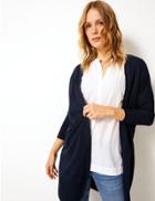 Marks & Spencer Open Front 3/4 Sleeve Cardigan With Linen Navy