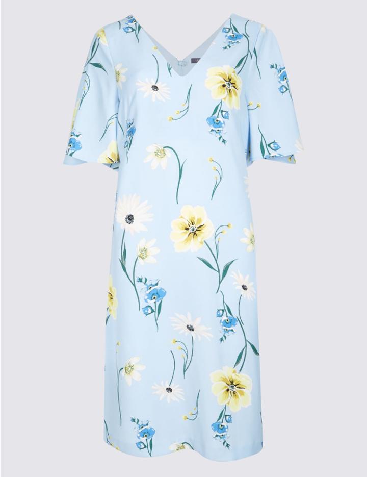 Marks & Spencer Floral Print Half Sleeve Shift Dress Blue Mix