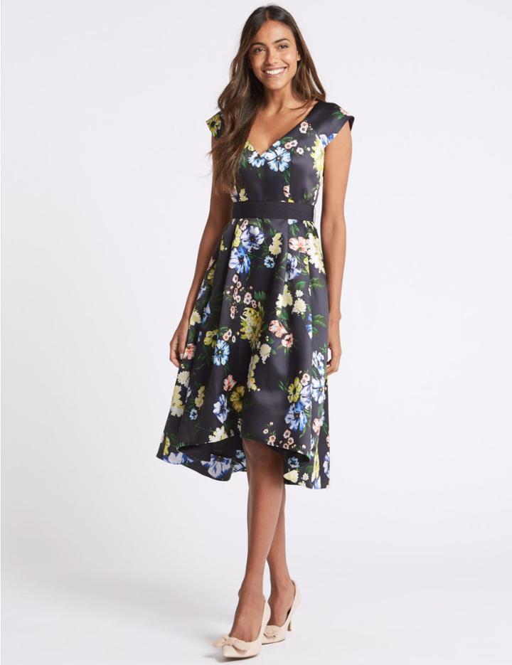 Marks & Spencer Floral Print Short Sleeve Skater Dress Navy Mix