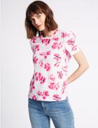 Marks & Spencer Pure Cotton Printed Puff Sleeve T-shirt Ivory Mix