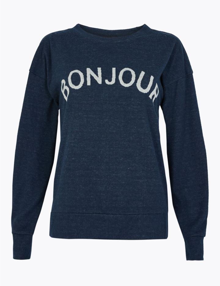 Marks & Spencer Bonjour Slogan Straight Fit Sweatshirt Navy