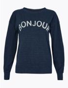 Marks & Spencer Bonjour Slogan Straight Fit Sweatshirt Navy