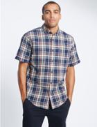 Marks & Spencer Pure Cotton Checked Shirt With Pocket Navy Mix