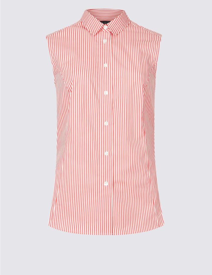 Marks & Spencer Cotton Rich Striped Shirt Red Mix