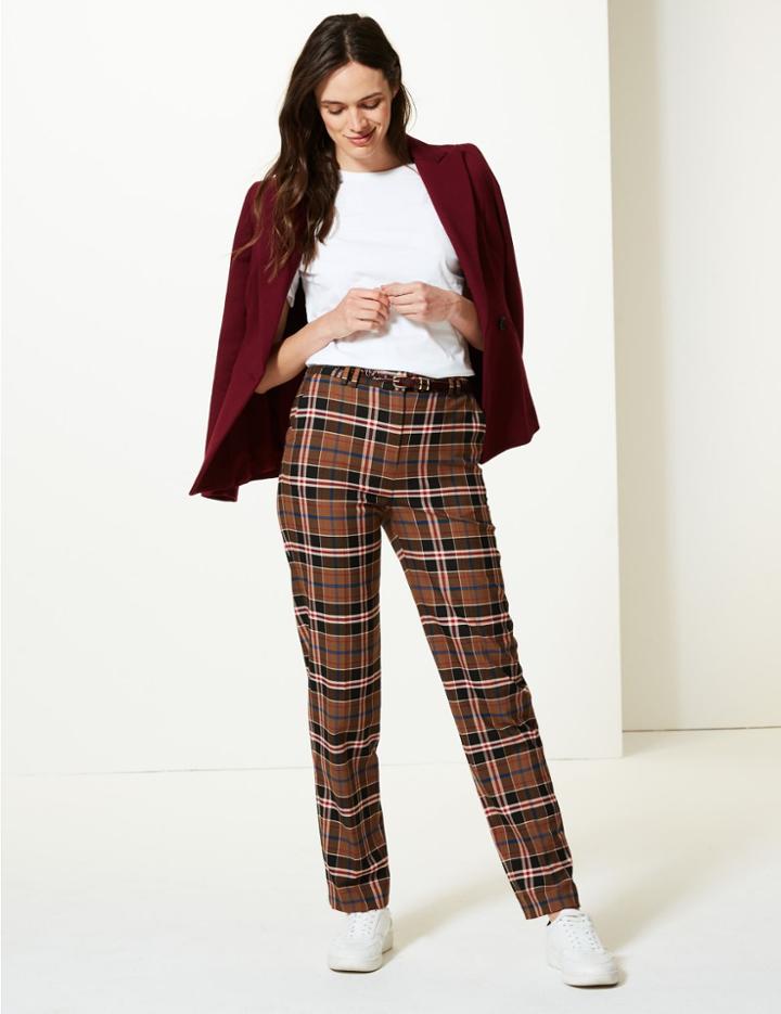 Marks & Spencer Checked Relaxed Straight Leg Trousers Navy Mix