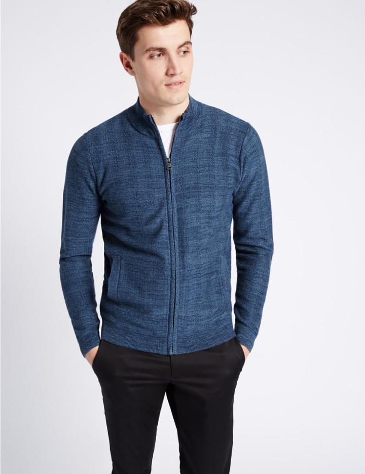 Marks & Spencer Pure Cotton Herringbone Slim Fit Jumper Teal Mix