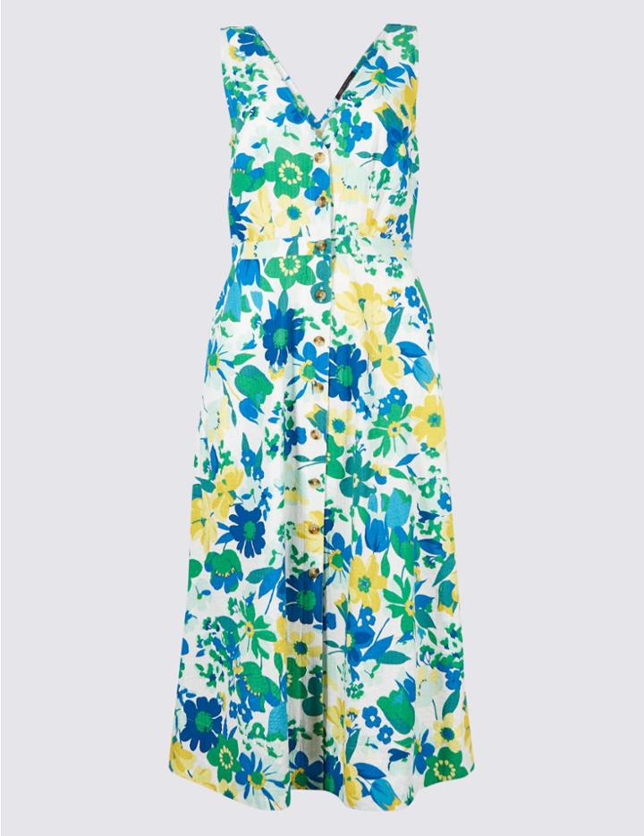 Marks & Spencer Pure Cotton Floral Print A-line Midi Dress Green Mix