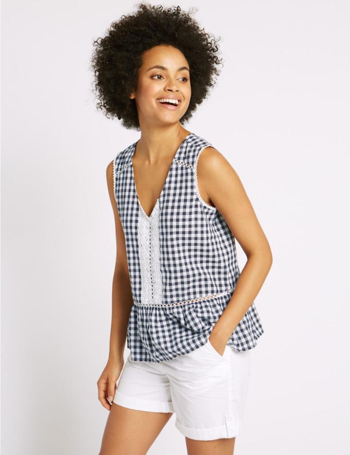 Marks & Spencer Pure Cotton Checked Sleeveless Shell Top Blue Mix