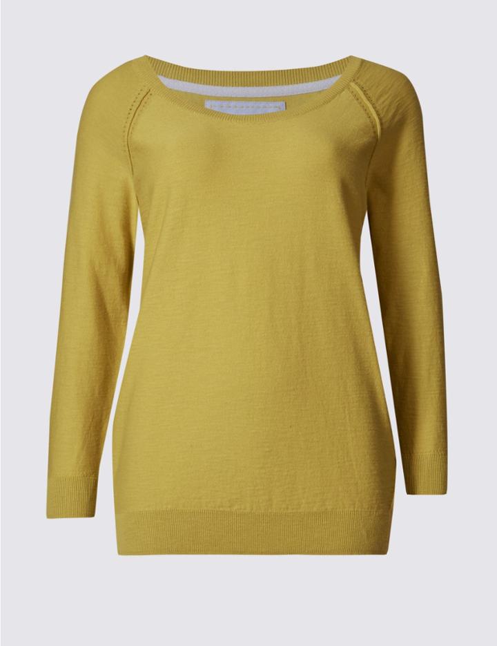 Marks & Spencer Pure Cotton Scoop Neck 3/4 Sleeve Jumper Lime