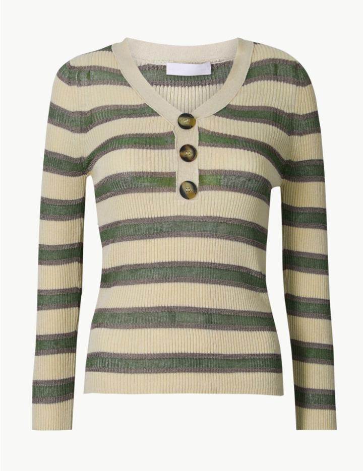 Marks & Spencer Striped V-neck Jumper Khaki Mix